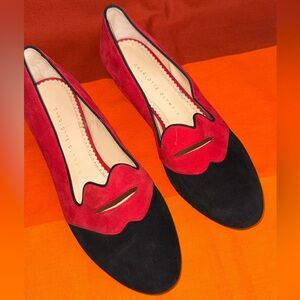 Charlotte Olympia Bisoux Pout lip-cutout suede smoking flats